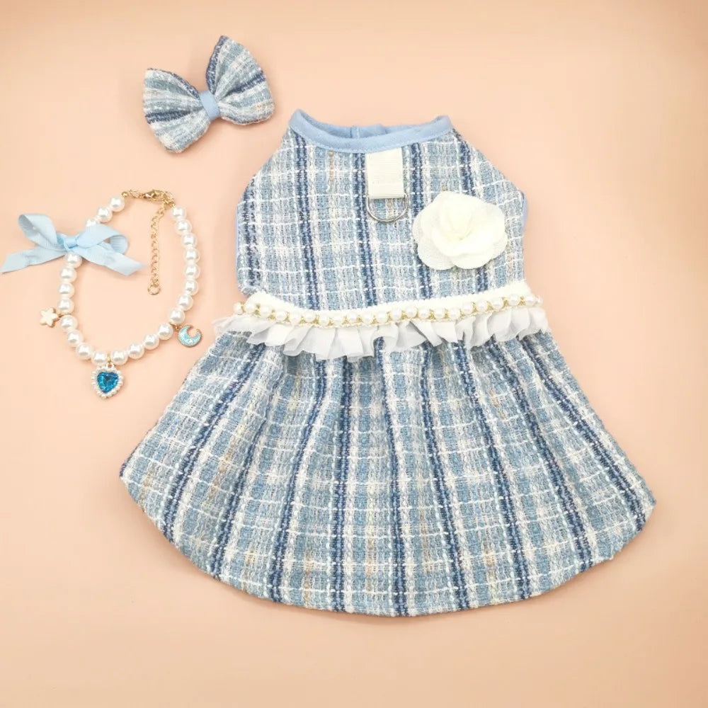 Pet Clothes Cute Puppy Plaid Dress Breathable Thin Design Cat Bow Pearl Coat Soft Dog Vest Autumn Winter