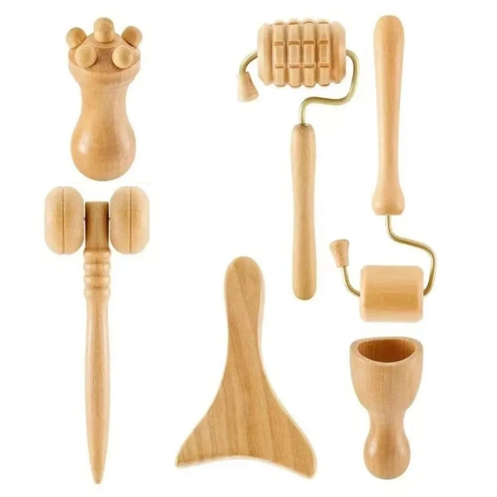 6/7/8Pcs/Set Wooden Facial Massage Tools Scraping Board Roller Face Massager Kit Durable Anti-Aging Facial Care Kit Skin Care