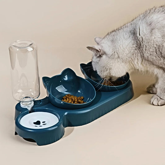 Pet Bowls With Water Feeder, 3 In 1 Ear Design Tilted Cat Water And Food Bowl Set With AGravity Water Bottle For Neck Protection