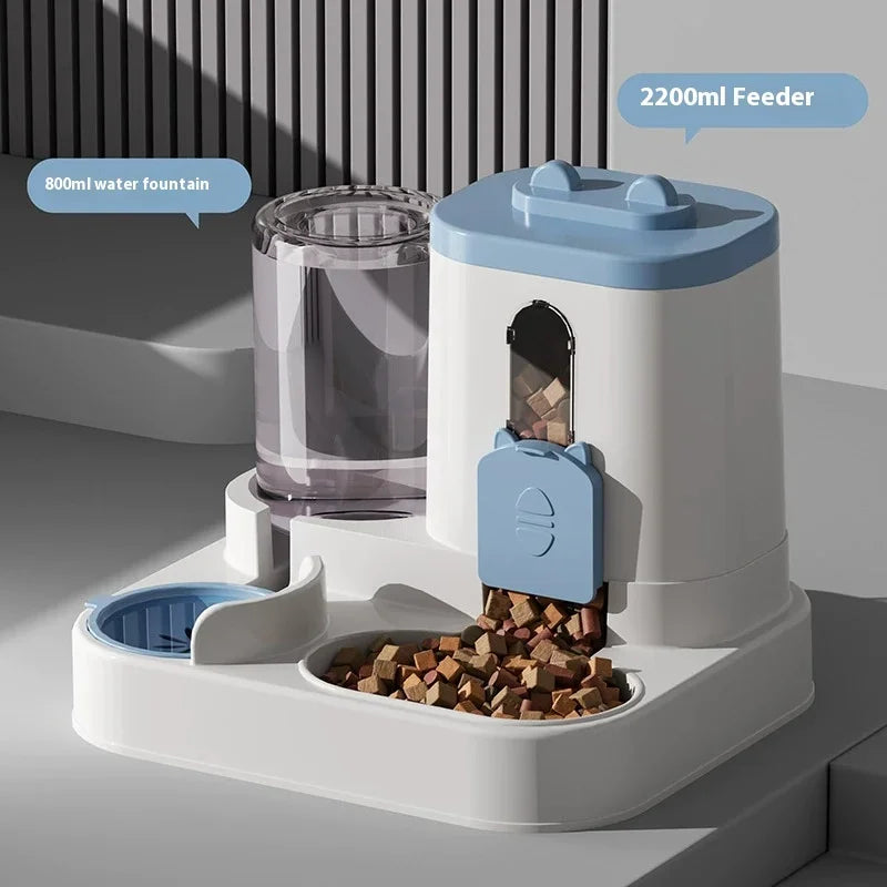 8R 1Automatic Cat Feeder & Water Fountain Set - Food Grade Plastic - for Cats & Dogs - Gravity Feed Design