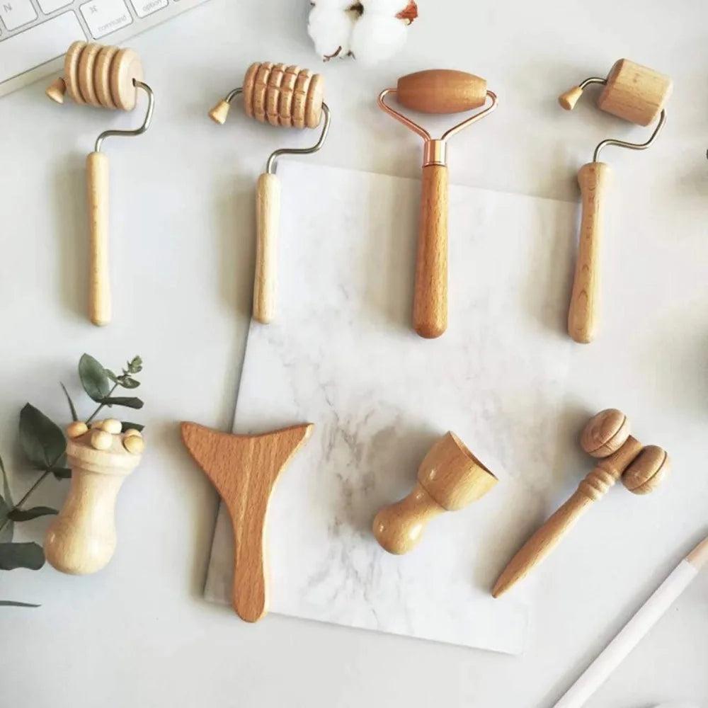 6/7/8Pcs/Set Wooden Facial Massage Tools Scraping Board Roller Face Massager Kit Durable Anti-Aging Facial Care Kit Skin Care