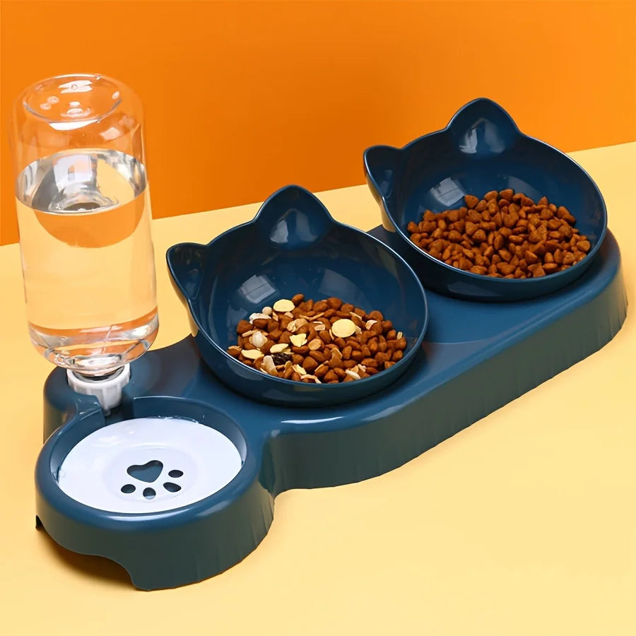 Pet Bowls With Water Feeder, 3 In 1 Ear Design Tilted Cat Water And Food Bowl Set With AGravity Water Bottle For Neck Protection