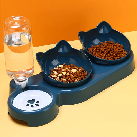 Pet Bowls With Water Feeder, 3 In 1 Ear Design Tilted Cat Water And Food Bowl Set With AGravity Water Bottle For Neck Protection
