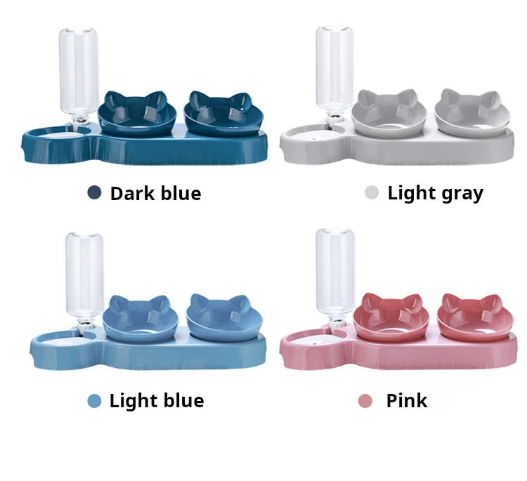 Pet Bowls With Water Feeder, 3 In 1 Ear Design Tilted Cat Water And Food Bowl Set With AGravity Water Bottle For Neck Protection
