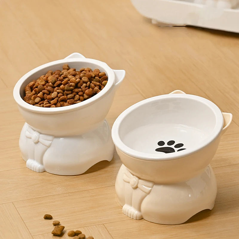 ♥Cat Dog Food Water Bowl-Raised Pet Feeder with Non-Slip Base & Paw Print Design,Neck Protection Bowl for Small Medium Pets