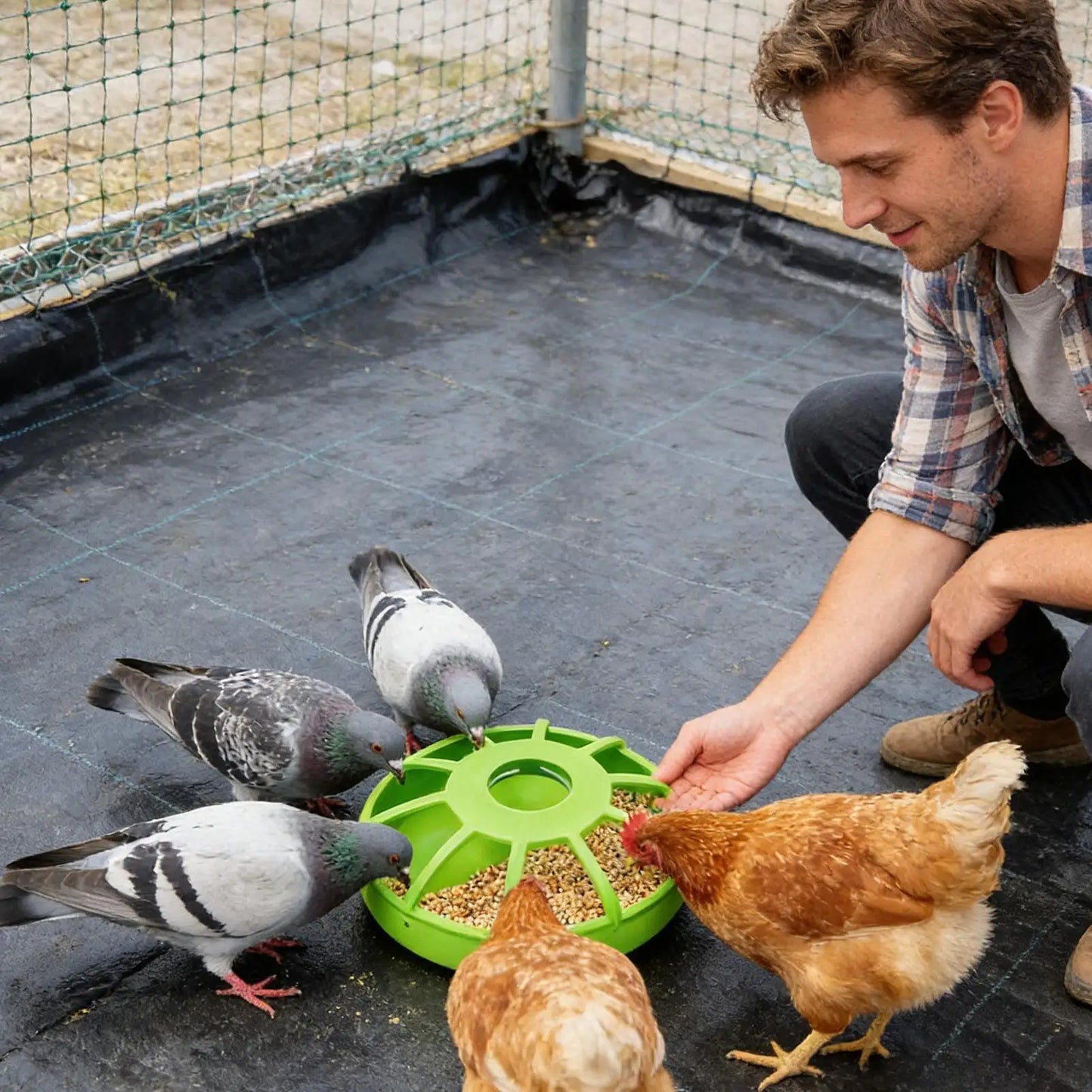 Poultry Feeder Round Spill Proof Non Slip Feeding Large Bird Feeder for Cage No Waste Easy Clean for Coop Yard Parrot Pigeon