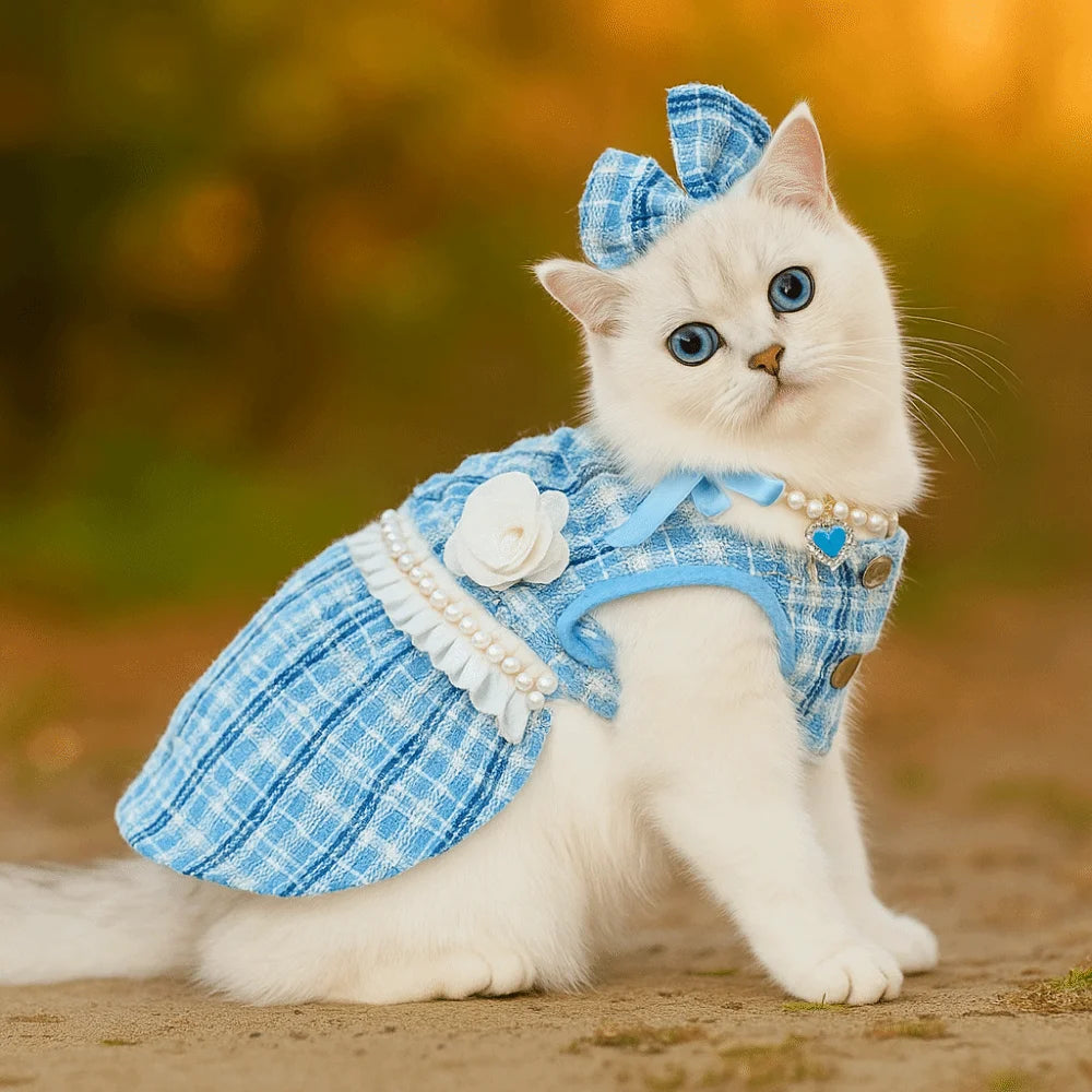 Pet Clothes Cute Puppy Plaid Dress Breathable Thin Design Cat Bow Pearl Coat Soft Dog Vest Autumn Winter