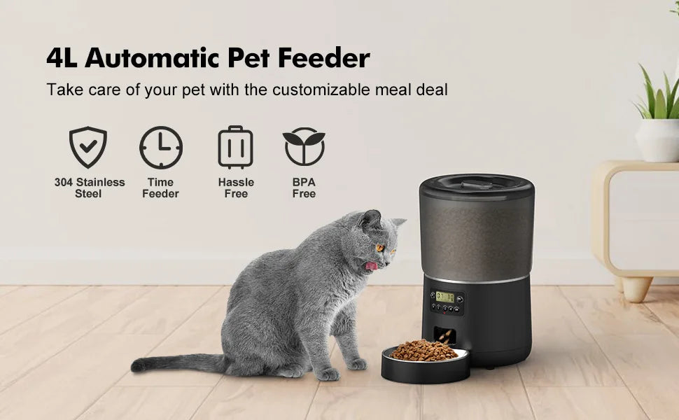 Automatic Cat Feeders, 4L Timed Cat Dry Food Dispenser, Dual Power Supply, Programmable Portion Size, Auto Pet Feeder