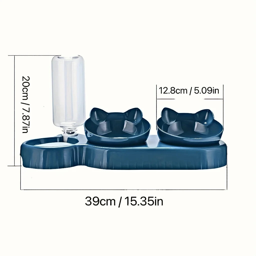 Pet Bowls With Water Feeder, 3 In 1 Ear Design Tilted Cat Water And Food Bowl Set With AGravity Water Bottle For Neck Protection