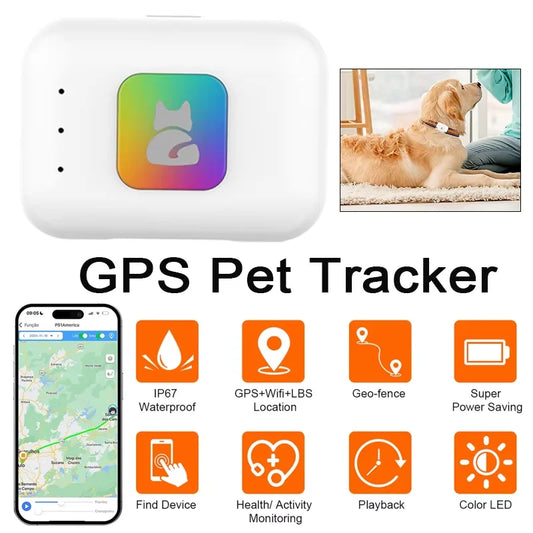 GPS Pet Locator Smart Collar with Colorful LED Flash IP67 Waterproof Pet Pedometer Calorie Health Data Monitoring Mini Tracker