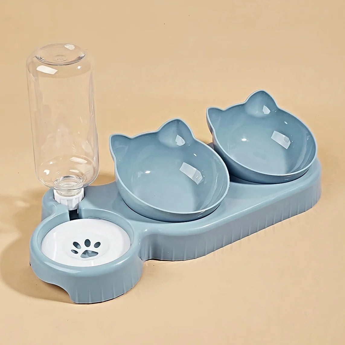 Pet Bowls With Water Feeder, 3 In 1 Ear Design Tilted Cat Water And Food Bowl Set With AGravity Water Bottle For Neck Protection