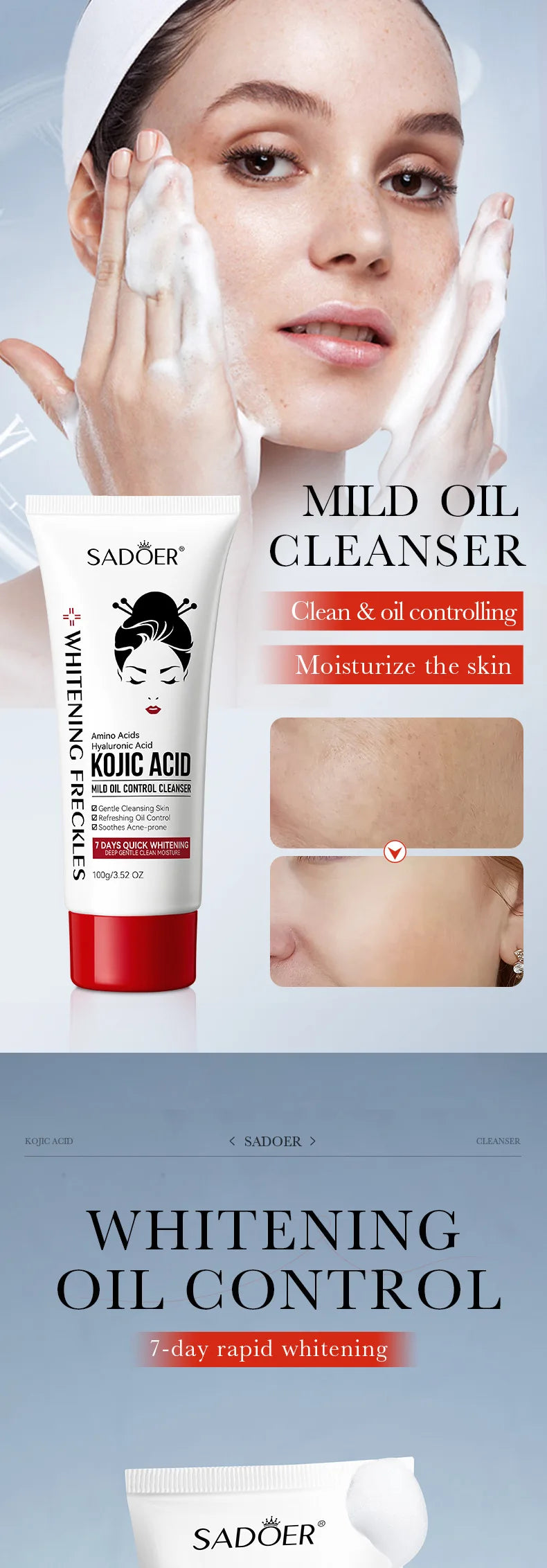 SADOER Kojic Acid Facial Cleanser Face Wash Foam Facial Cleansing Mossee Moisturizing Brightening Facial Skin Care Products
