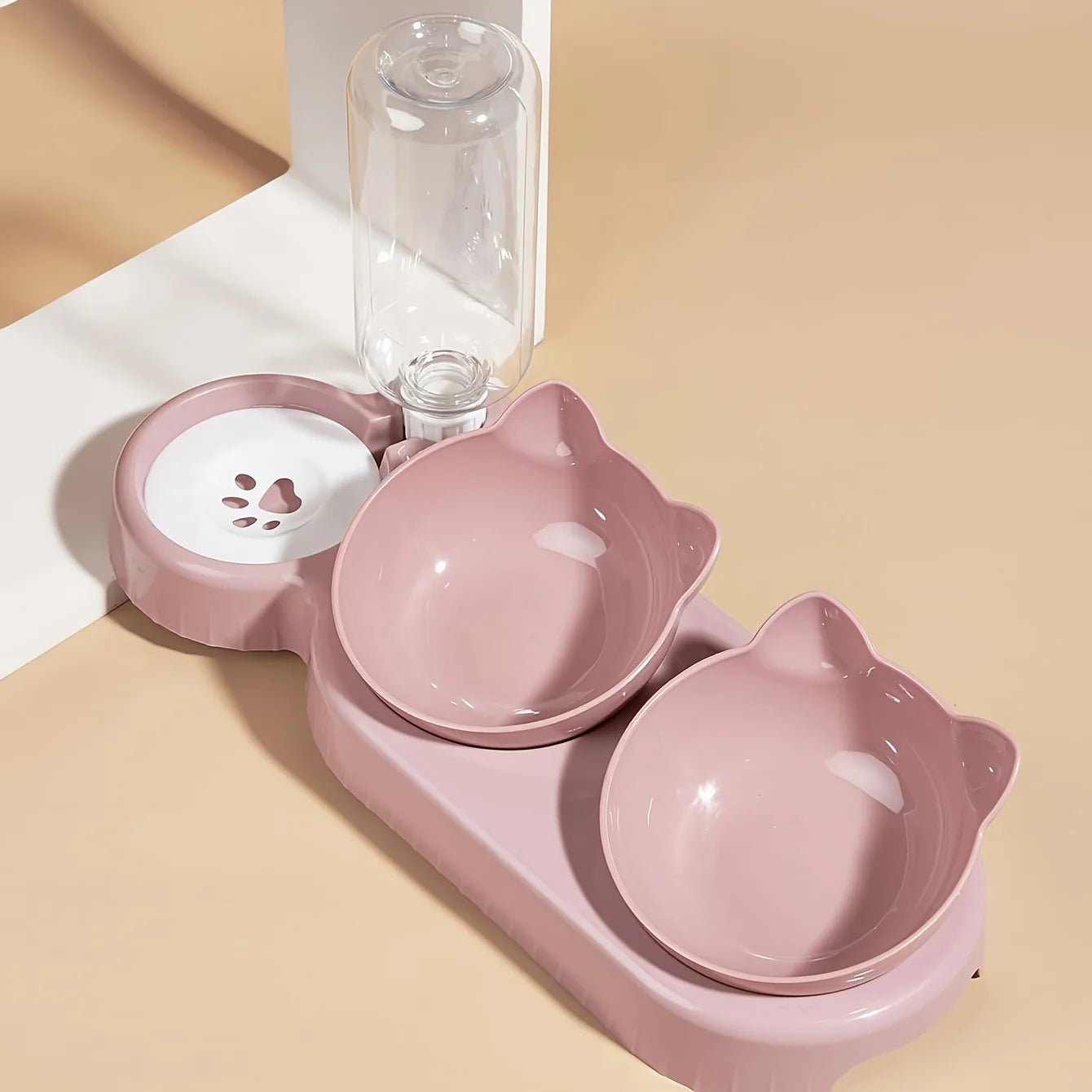 Pet Bowls With Water Feeder, 3 In 1 Ear Design Tilted Cat Water And Food Bowl Set With AGravity Water Bottle For Neck Protection