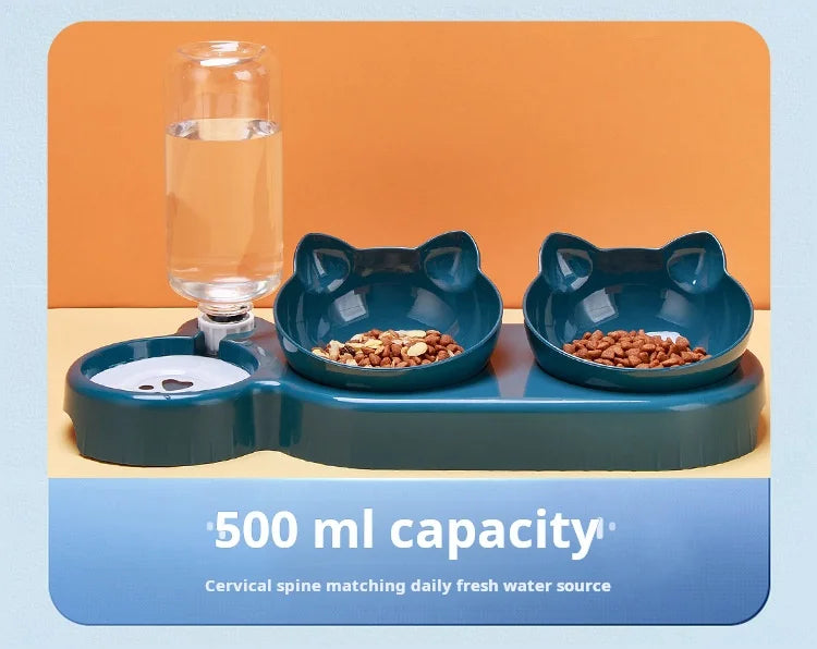 Pet Bowls With Water Feeder, 3 In 1 Ear Design Tilted Cat Water And Food Bowl Set With AGravity Water Bottle For Neck Protection