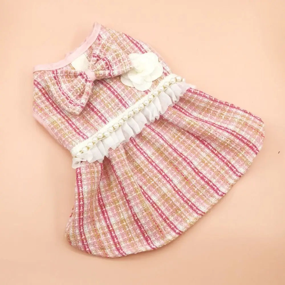 Pet Clothes Cute Puppy Plaid Dress Breathable Thin Design Cat Bow Pearl Coat Soft Dog Vest Autumn Winter