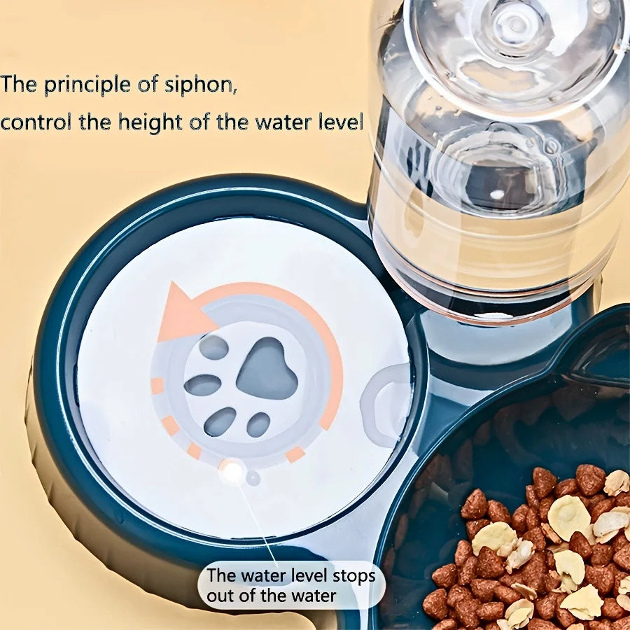 Pet Bowls With Water Feeder, 3 In 1 Ear Design Tilted Cat Water And Food Bowl Set With AGravity Water Bottle For Neck Protection