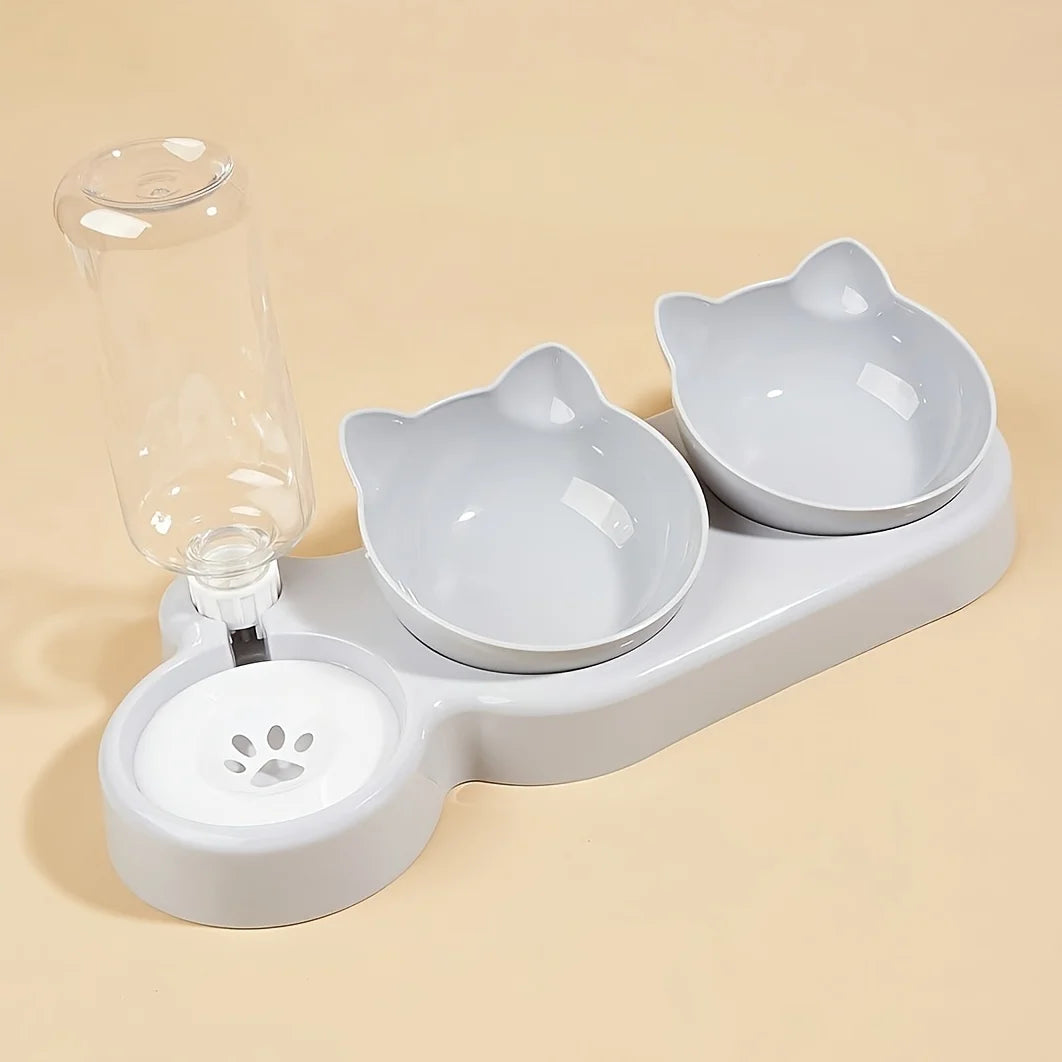 Pet Bowls With Water Feeder, 3 In 1 Ear Design Tilted Cat Water And Food Bowl Set With AGravity Water Bottle For Neck Protection