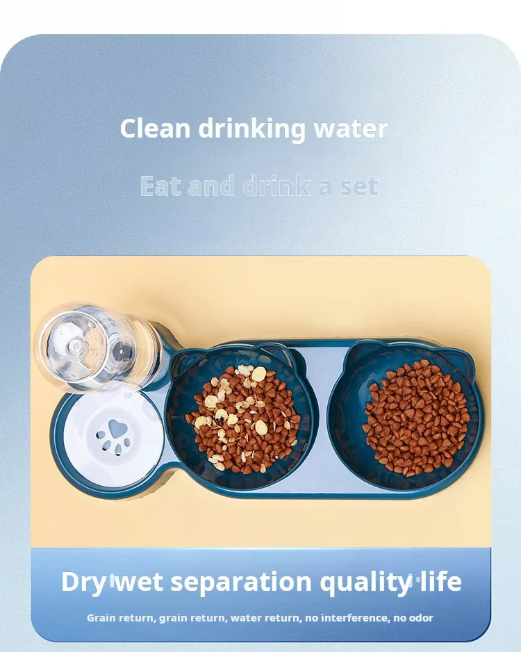 Pet Bowls With Water Feeder, 3 In 1 Ear Design Tilted Cat Water And Food Bowl Set With AGravity Water Bottle For Neck Protection