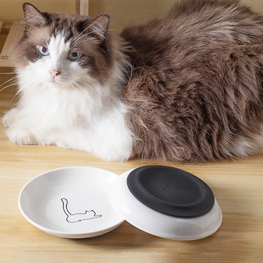 Ceramic Cat Food and Snack Bowl; Anti-Slip Silicone Pad; Cute Kitten Pet Supplies; Practical Pet Bowl