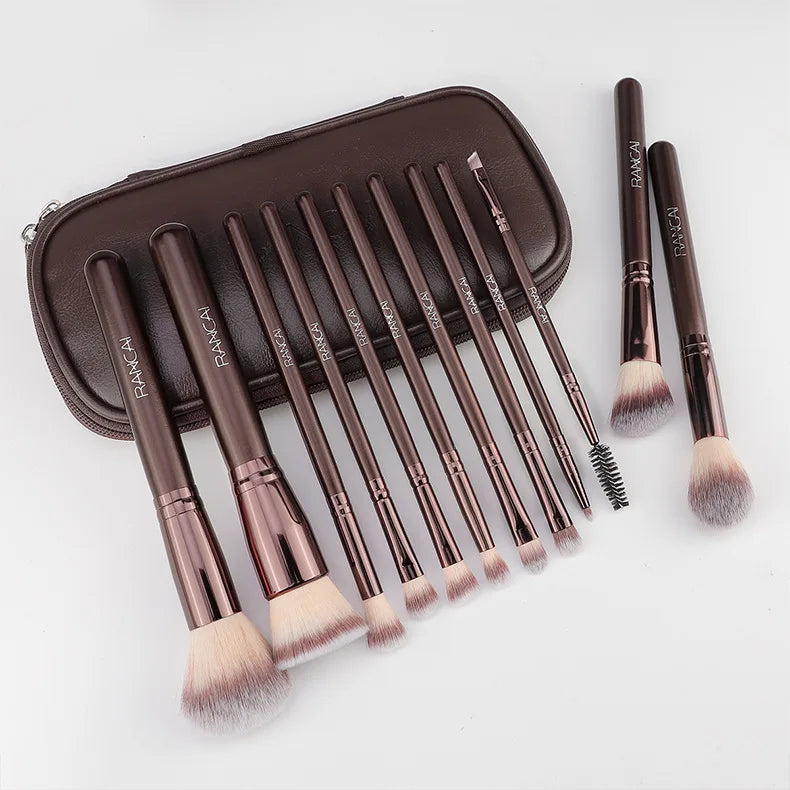 12 brown PU bags, makeup brush sets, soft loose powder, foundation brush,eyeshadow brush, beauty tools. makeup brush set make up