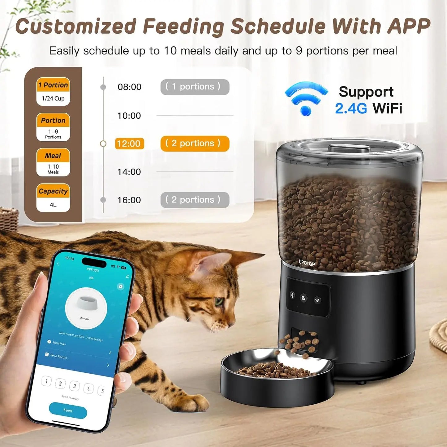 Automatic Cat Feeders, 4L Timed Cat Dry Food Dispenser, Dual Power Supply, Programmable Portion Size, Auto Pet Feeder
