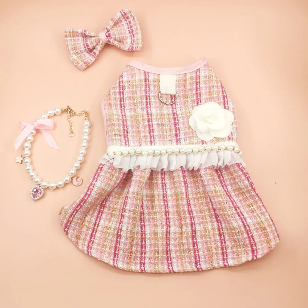 Pet Clothes Cute Puppy Plaid Dress Breathable Thin Design Cat Bow Pearl Coat Soft Dog Vest Autumn Winter
