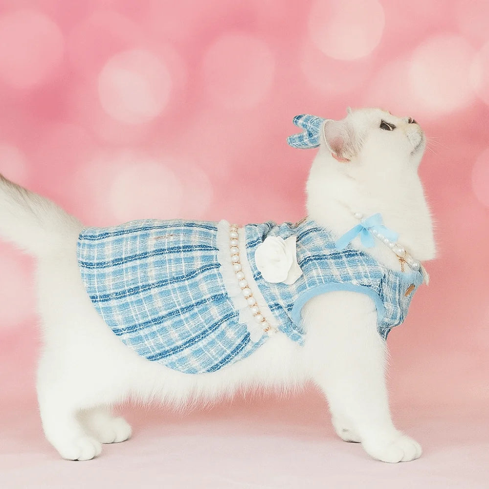 Pet Clothes Cute Puppy Plaid Dress Breathable Thin Design Cat Bow Pearl Coat Soft Dog Vest Autumn Winter