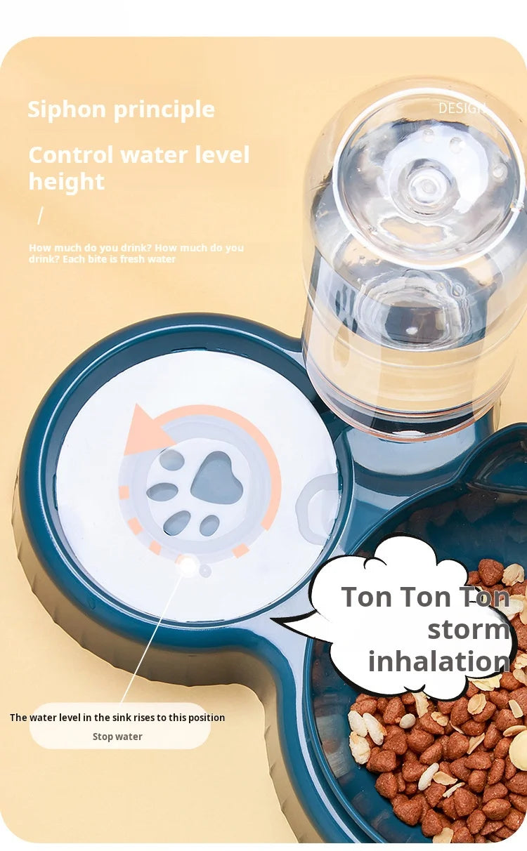 Pet Bowls With Water Feeder, 3 In 1 Ear Design Tilted Cat Water And Food Bowl Set With AGravity Water Bottle For Neck Protection