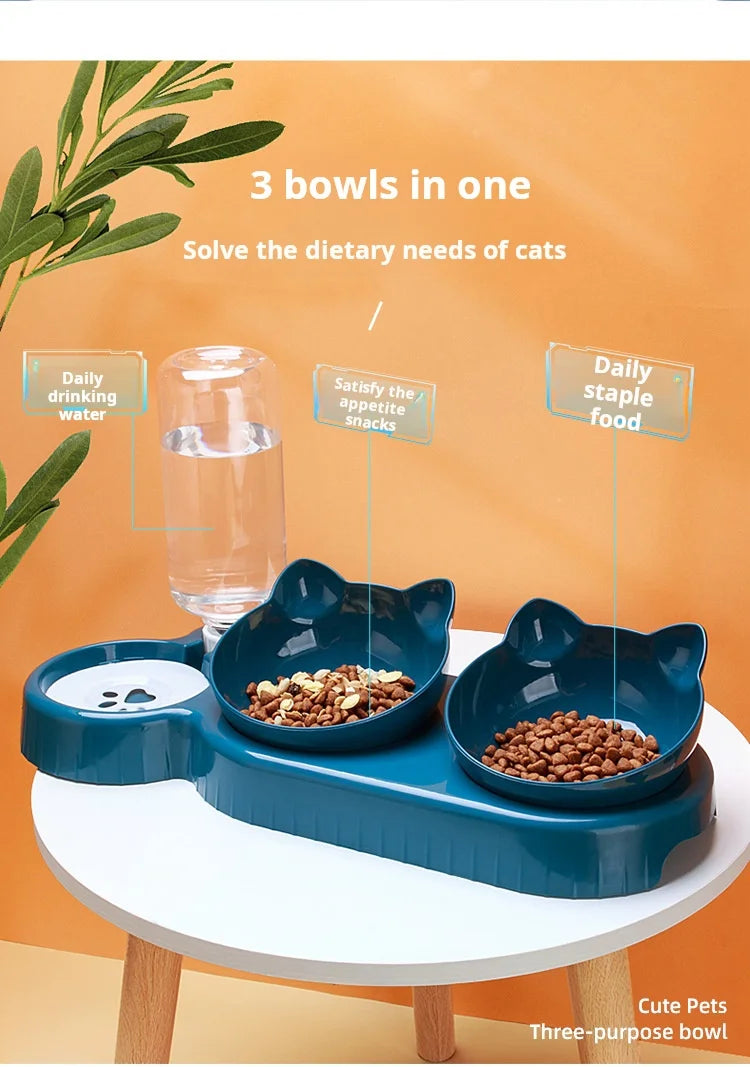 Pet Bowls With Water Feeder, 3 In 1 Ear Design Tilted Cat Water And Food Bowl Set With AGravity Water Bottle For Neck Protection
