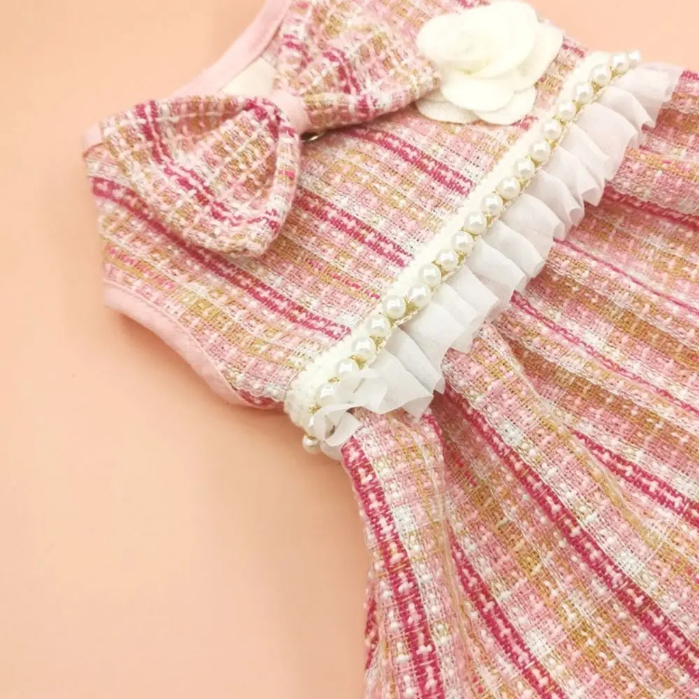 Pet Clothes Cute Puppy Plaid Dress Breathable Thin Design Cat Bow Pearl Coat Soft Dog Vest Autumn Winter