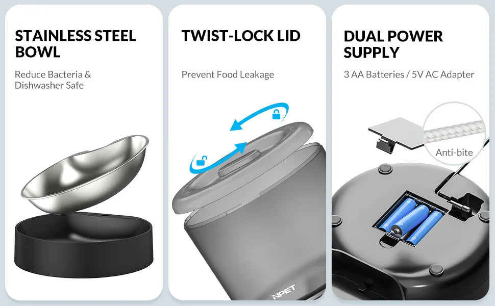 Automatic Cat Feeders, 4L Timed Cat Dry Food Dispenser, Dual Power Supply, Programmable Portion Size, Auto Pet Feeder
