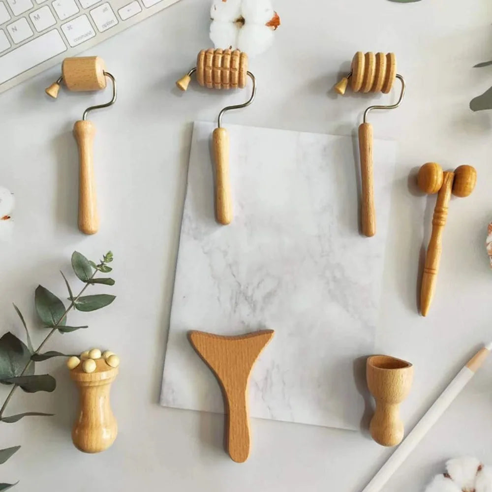 6/7/8Pcs/Set Wooden Facial Massage Tools Scraping Board Roller Face Massager Kit Durable Anti-Aging Facial Care Kit Skin Care