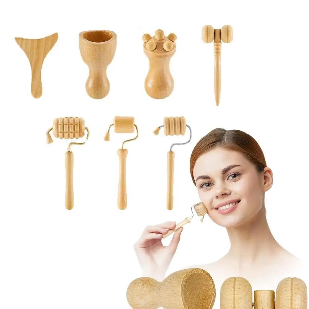 6/7/8Pcs/Set Wooden Facial Massage Tools Scraping Board Roller Face Massager Kit Durable Anti-Aging Facial Care Kit Skin Care