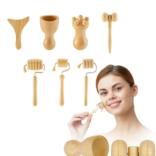 6/7/8Pcs/Set Wooden Facial Massage Tools Scraping Board Roller Face Massager Kit Durable Anti-Aging Facial Care Kit Skin Care