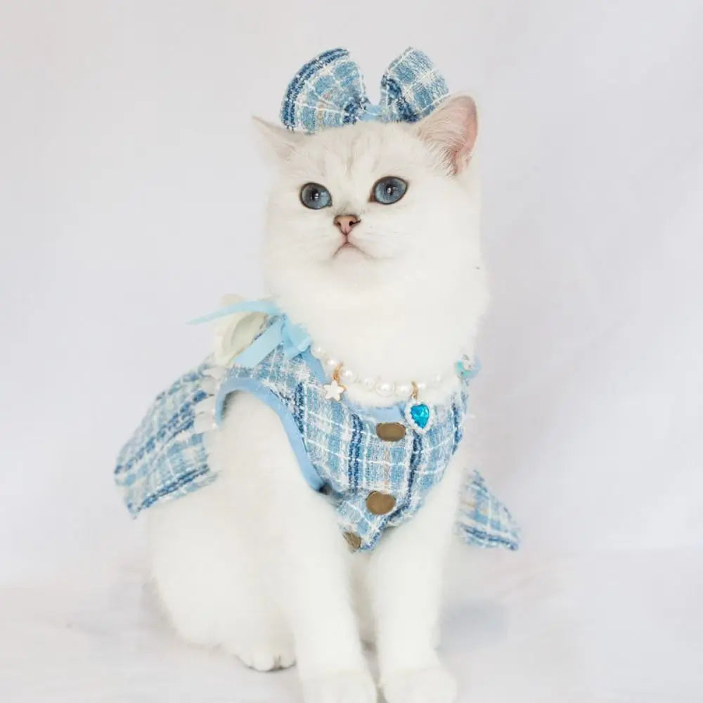 Pet Clothes Cute Puppy Plaid Dress Breathable Thin Design Cat Bow Pearl Coat Soft Dog Vest Autumn Winter