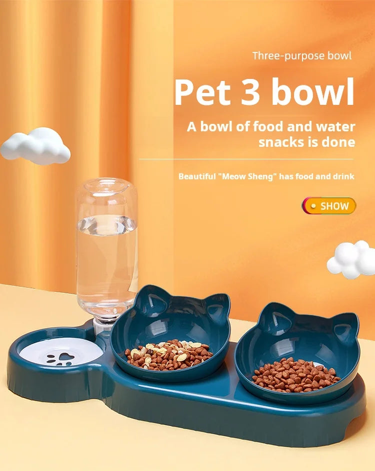 Pet Bowls With Water Feeder, 3 In 1 Ear Design Tilted Cat Water And Food Bowl Set With AGravity Water Bottle For Neck Protection