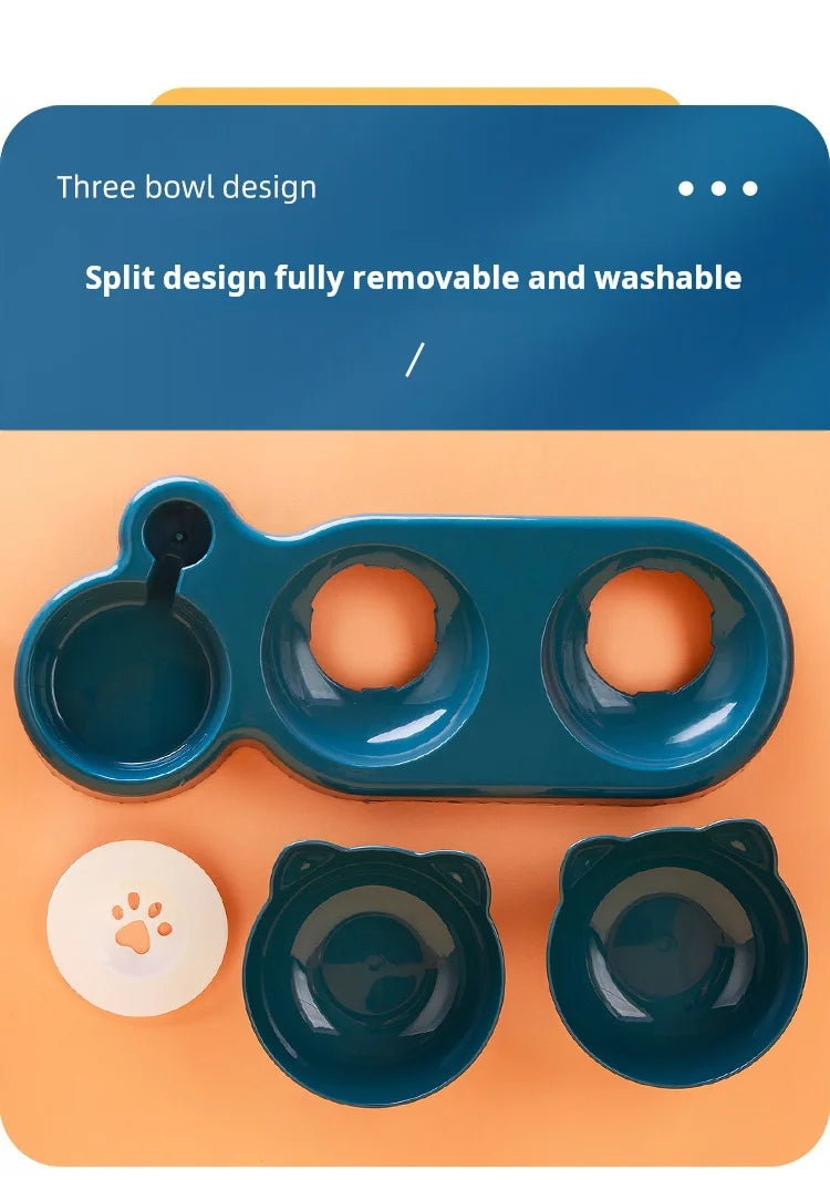 Pet Bowls With Water Feeder, 3 In 1 Ear Design Tilted Cat Water And Food Bowl Set With AGravity Water Bottle For Neck Protection