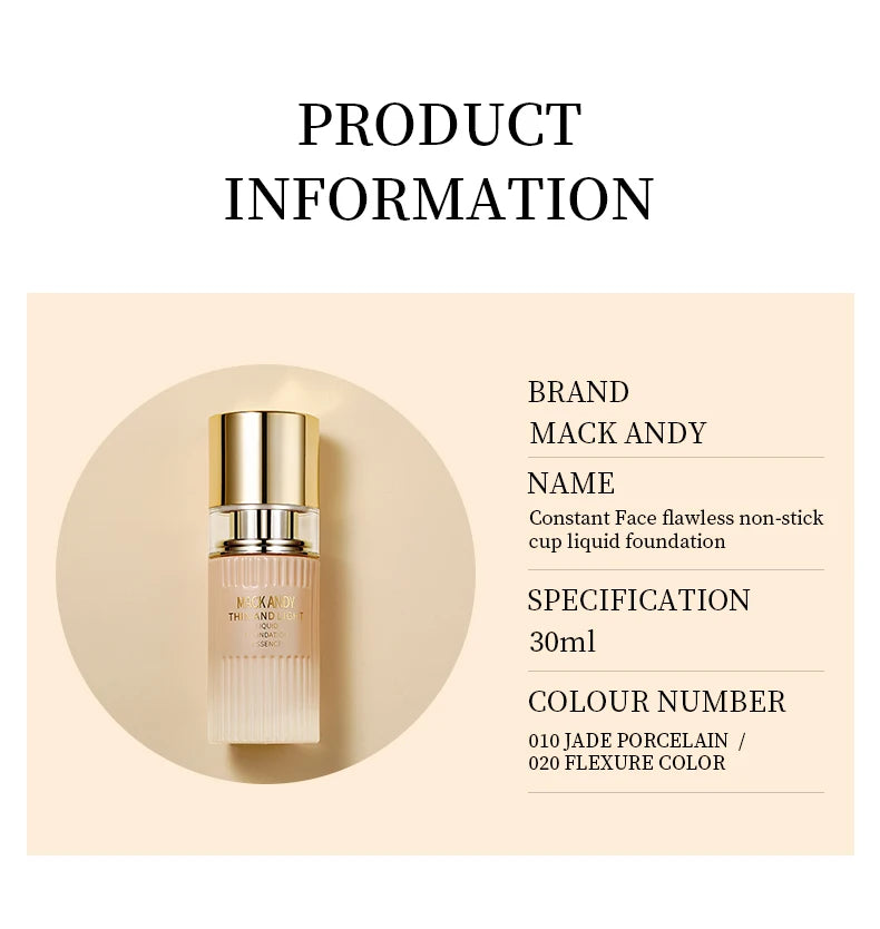 MACKANDY Serum Liquid Foundation Long-lasting Makeup, Full Coverage with Matte Finish, Radiant Formula for All Skin Types Vegan
