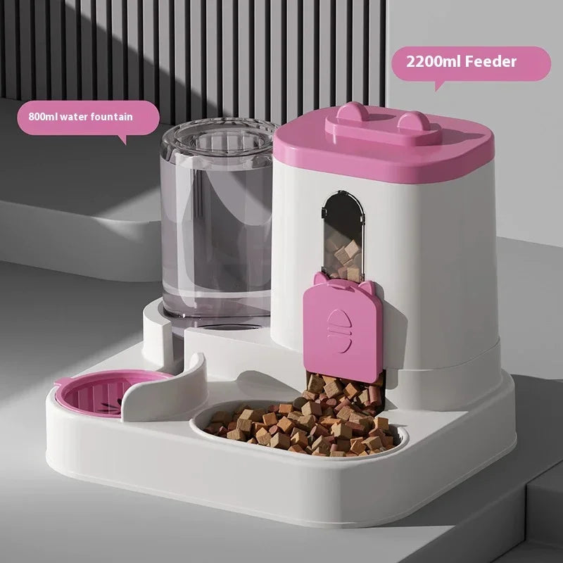 E 1Automatic Cat Feeder & Water Fountain Set - Food Grade Plastic - For Cats & Dogs - Gravity Feed Design Best