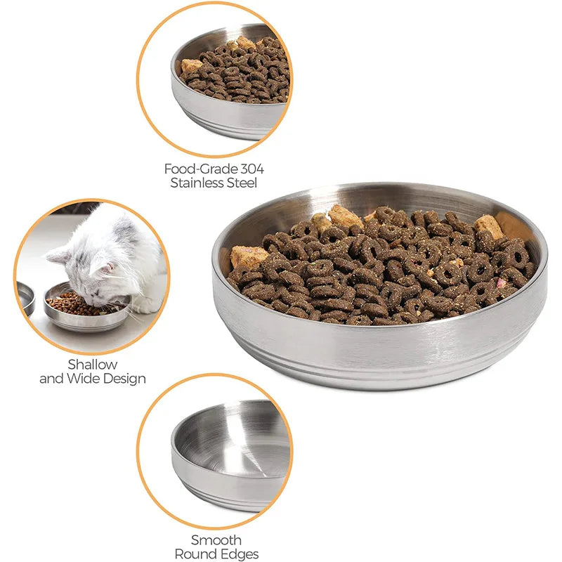 2 pcs Food Grade Stainless Steel Cat Bowls, Shallow and Wide Metal Cat Food and Water Feeder Durable Pet Feeding Dishes for Cat