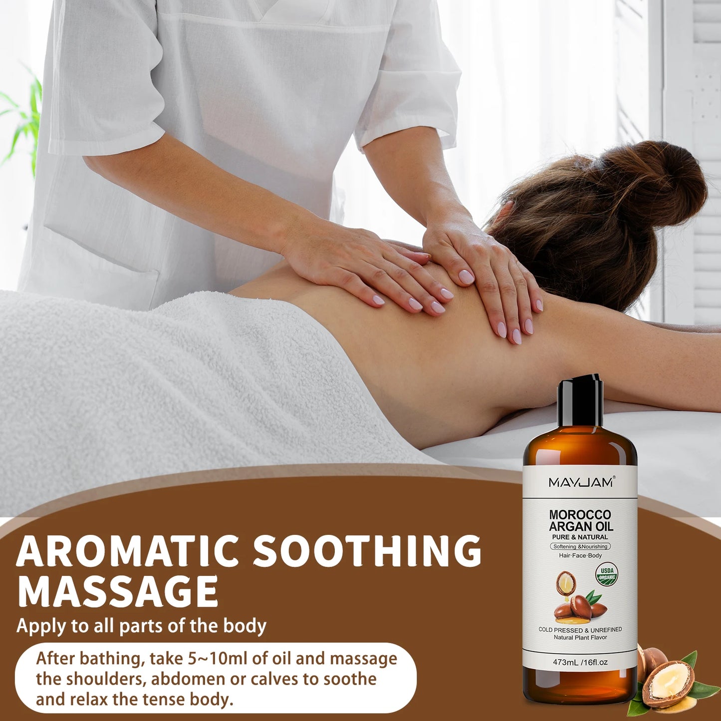 MAYJAM Pure Organic Moroccan Argan Oil Massage On Face, Hair, Body Sweet Almond Oil Cold Pressed USDA Certified 473ml Face Oil
