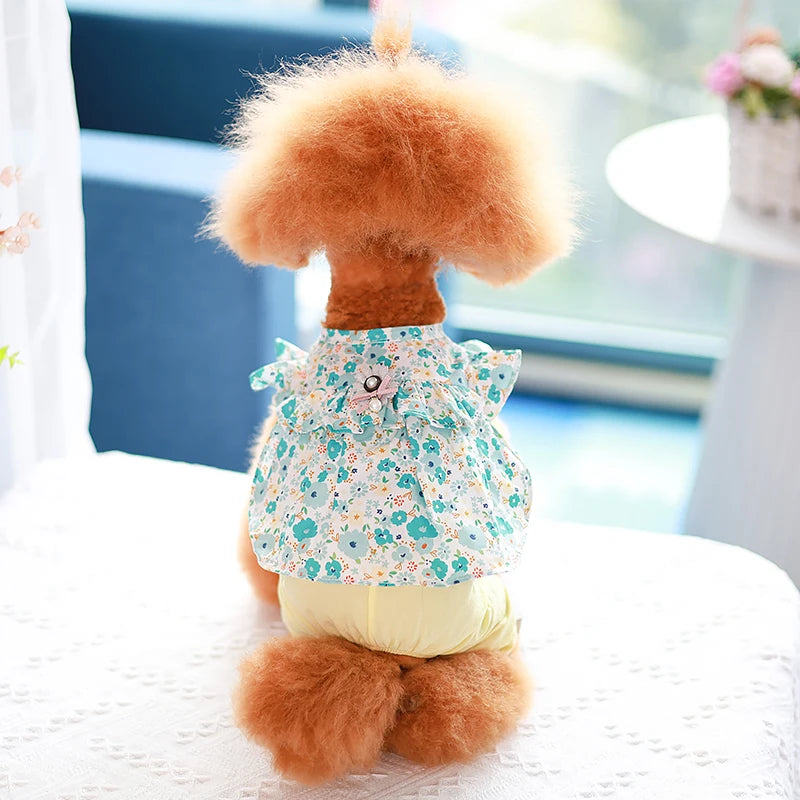 Pet Clothes Cute Dog Cat JumpSuit Spring Summer Floral Four-legged Clothing Flying Sleeve Vest Pajamas Soft Puppy Pants Shirt