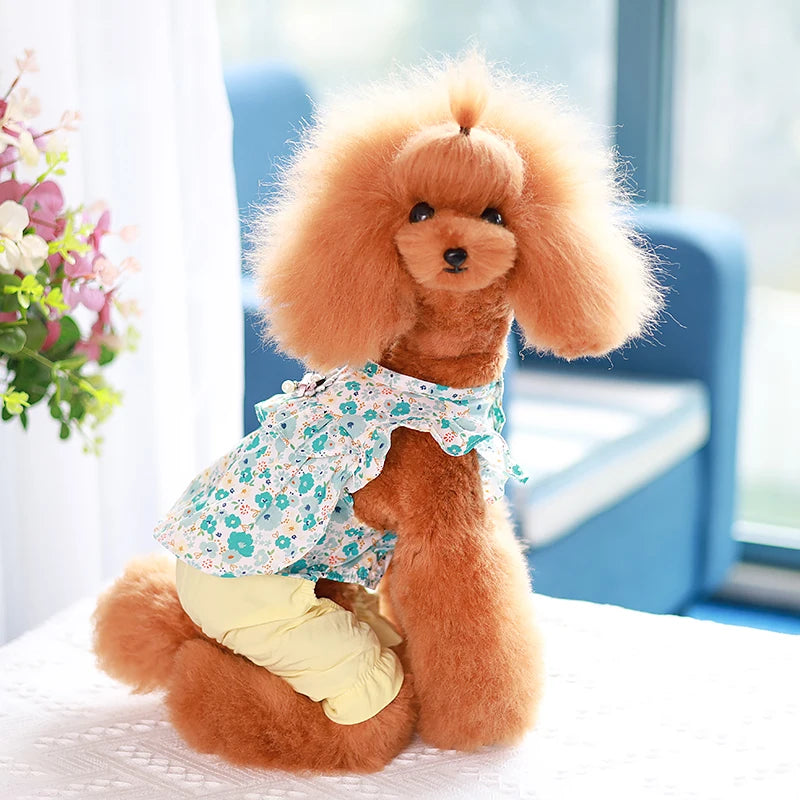 Pet Clothes Cute Dog Cat JumpSuit Spring Summer Floral Four-legged Clothing Flying Sleeve Vest Pajamas Soft Puppy Pants Shirt