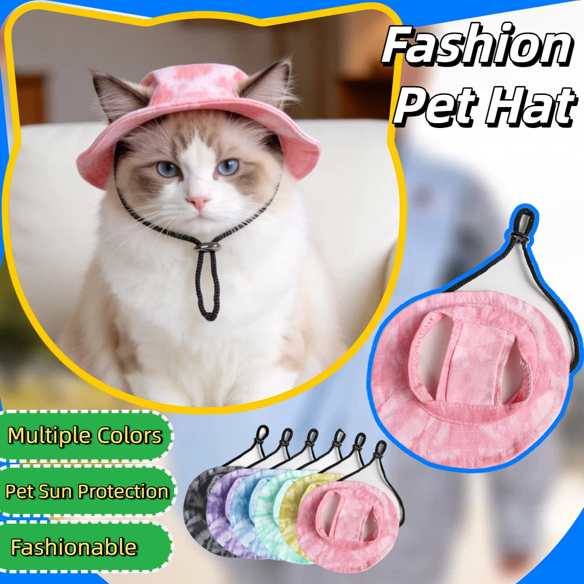 Pet cat fishing hat - Fashionable and cute. Essential for your cat's summer outdoor outfit.