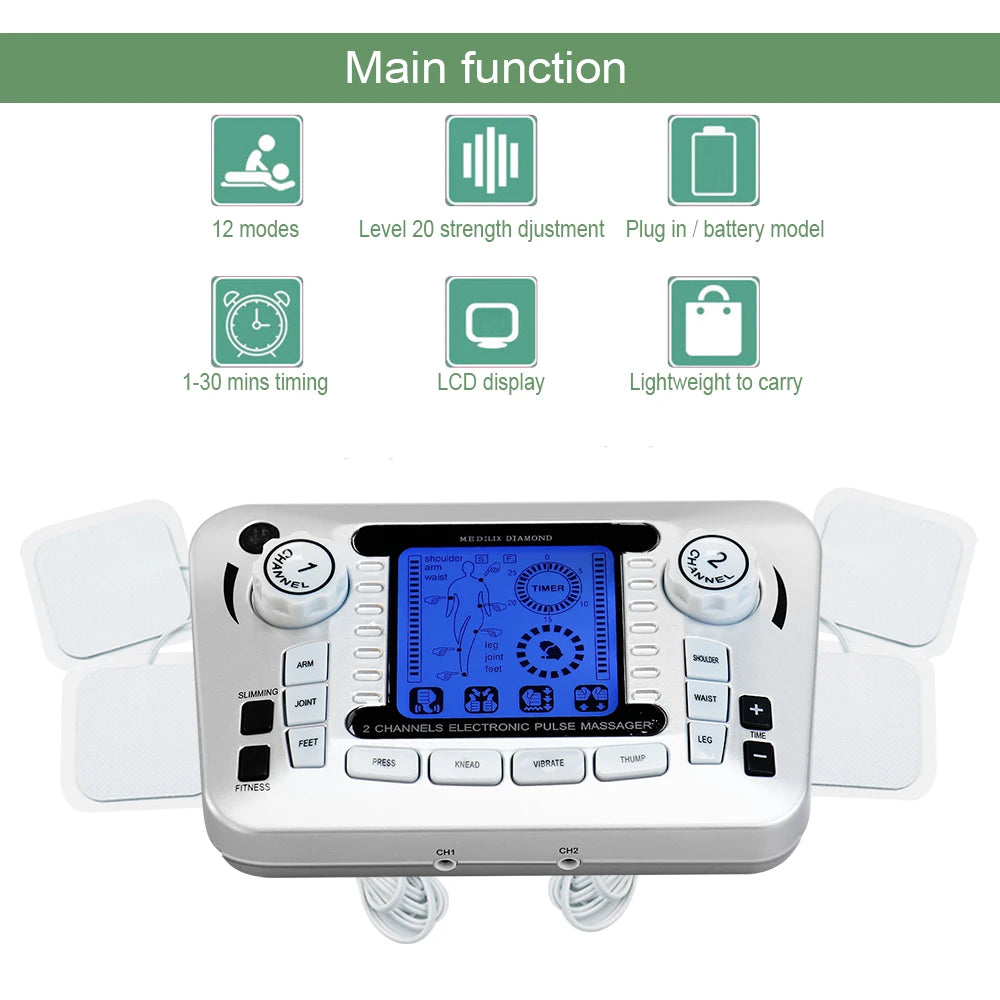12 Modes EMS TENS Electric Pulse Meridian Therapy Massager Acupuncture Physiotherapy Muscle Stimulator Body Relax Health Care
