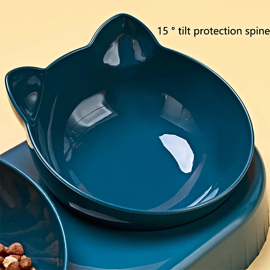 Pet Bowls With Water Feeder, 3 In 1 Ear Design Tilted Cat Water And Food Bowl Set With AGravity Water Bottle For Neck Protection