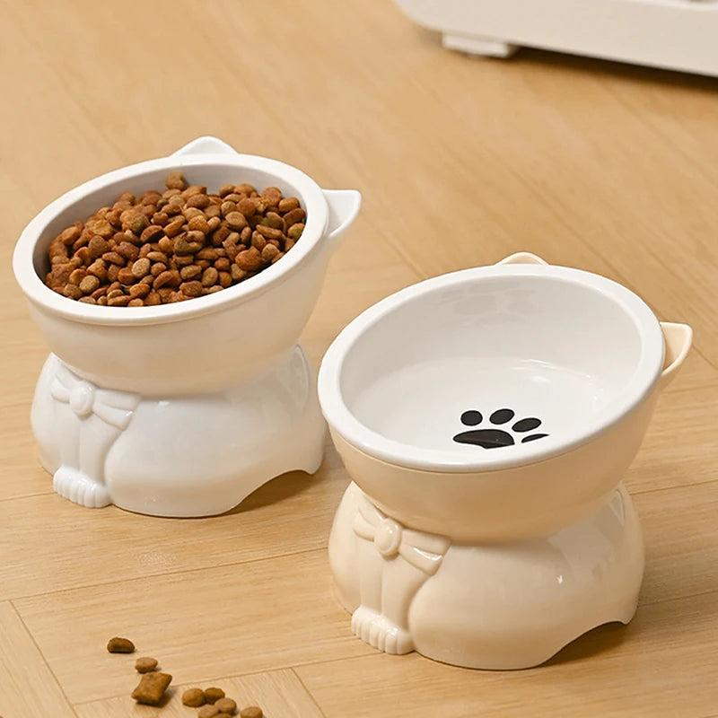 ♥Cat Dog Food Water Bowl-Raised Pet Feeder with Non-Slip Base & Paw Print Design,Neck Protection Bowl for Small Medium Pets
