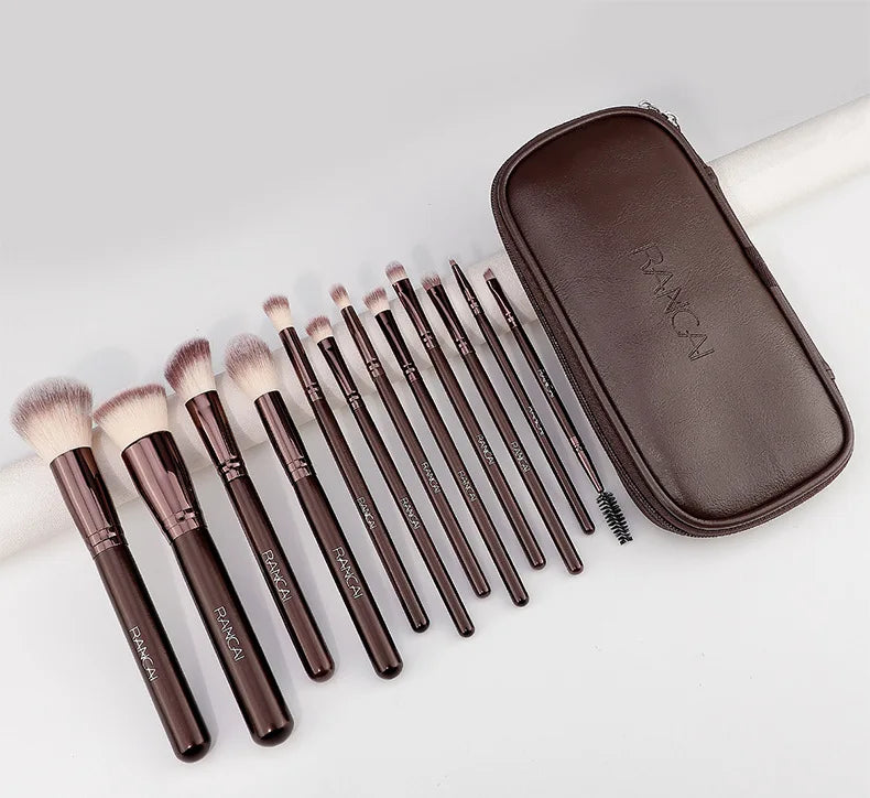 12 brown PU bags, makeup brush sets, soft loose powder, foundation brush,eyeshadow brush, beauty tools. makeup brush set make up