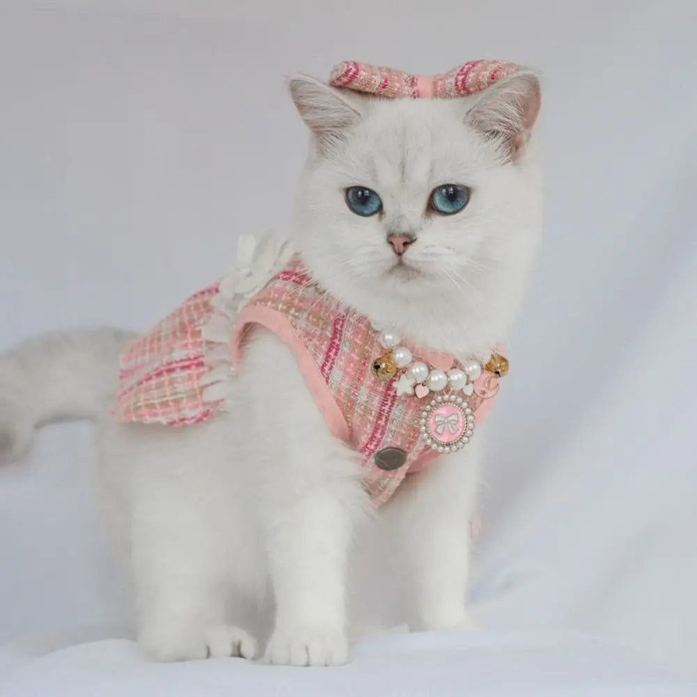 Pet Clothes Cute Puppy Plaid Dress Breathable Thin Design Cat Bow Pearl Coat Soft Dog Vest Autumn Winter
