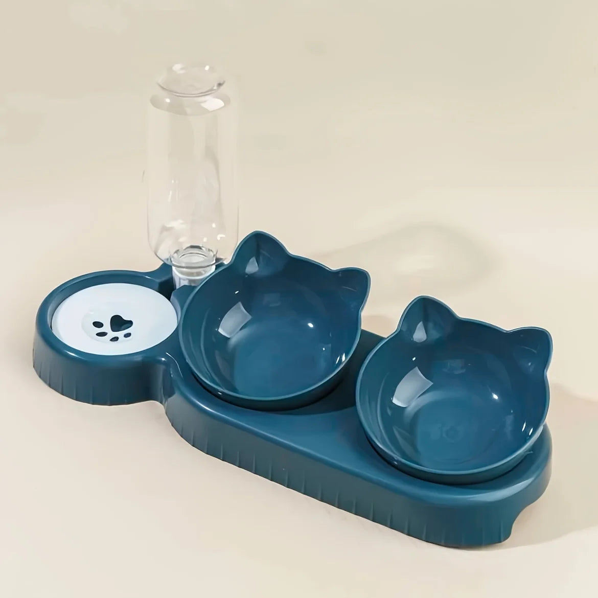 Pet Bowls With Water Feeder, 3 In 1 Ear Design Tilted Cat Water And Food Bowl Set With AGravity Water Bottle For Neck Protection